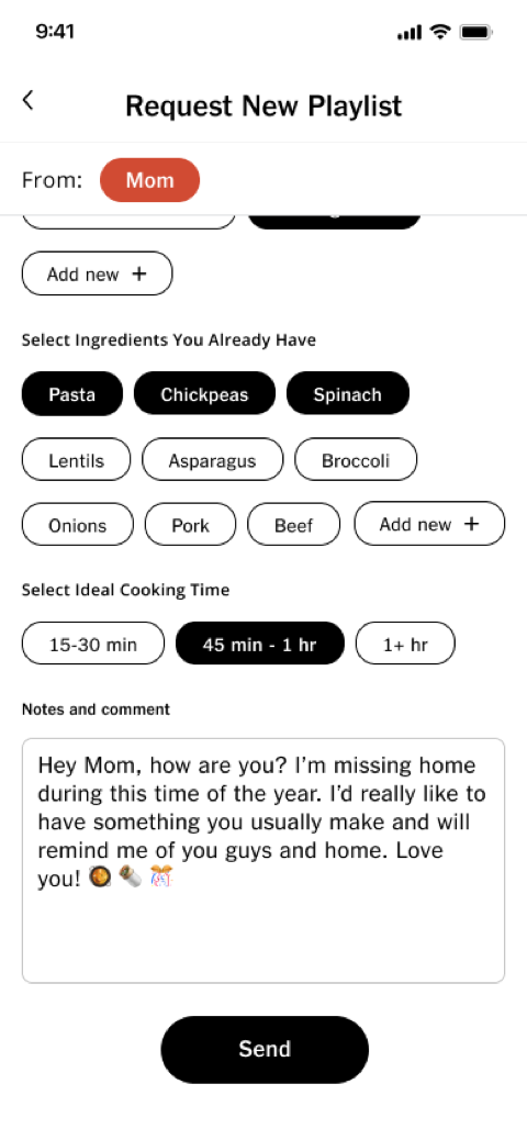 Sending an invite with preferences, ingredients, and a note