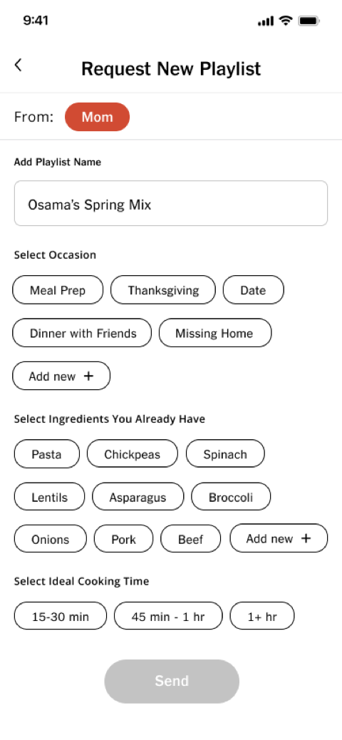 Sending an invite with preferences, ingredients, and a note