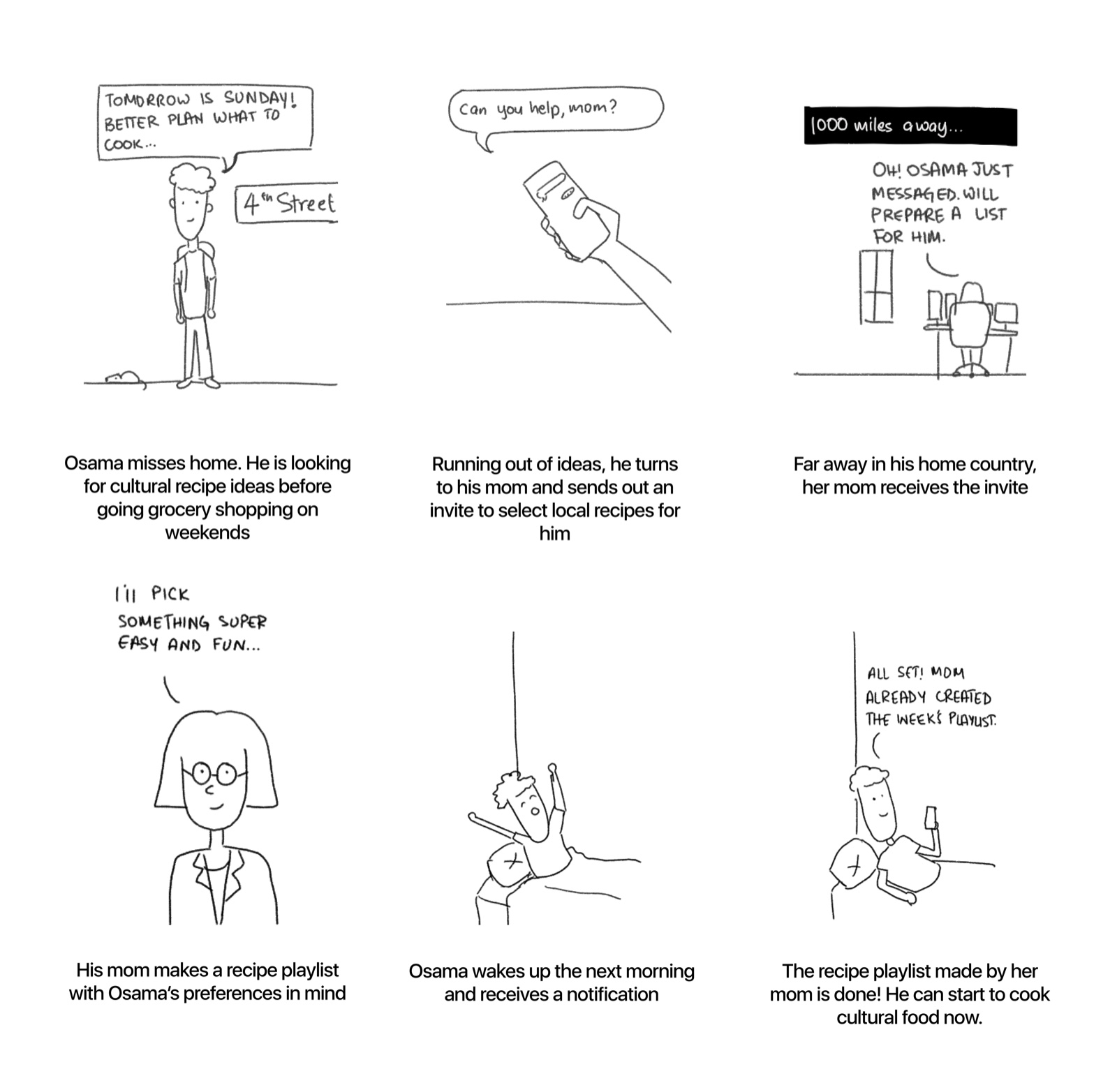 Storyboard: a student misses home, asks mom for recipes, cooks, and feels closer to home