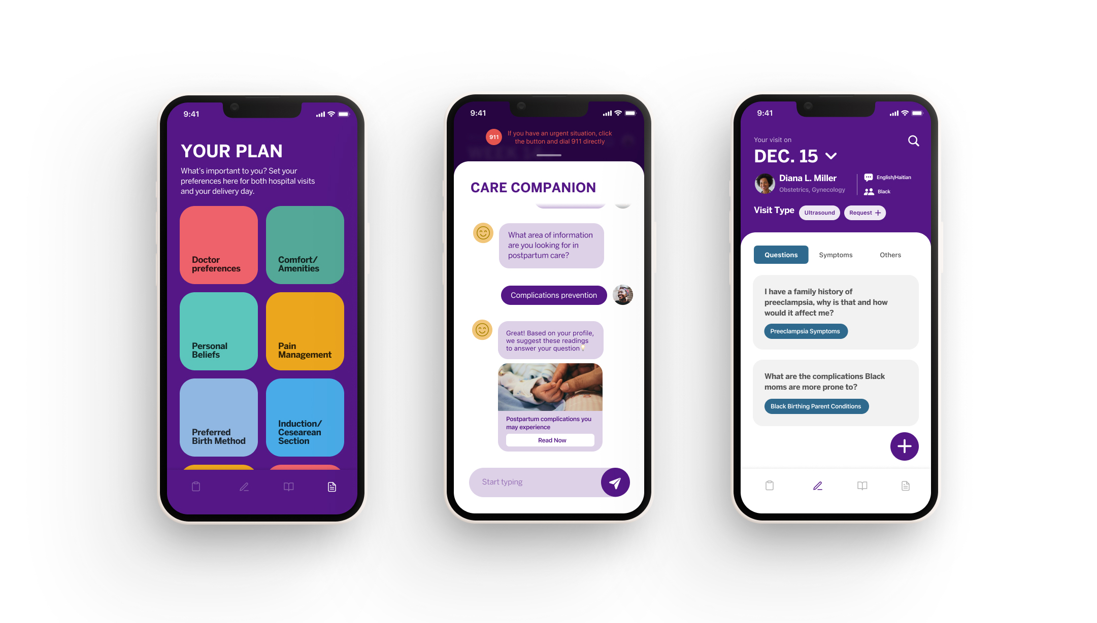 Three Maternity Care Companion screens: home, My Plan maternity preferences, and personalized readings
